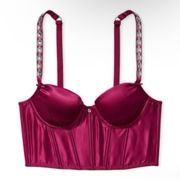 VS Dream Angels Embellished Burgundy Satin Lightly Lined Demi Corset 32B - Picture 2 of 7